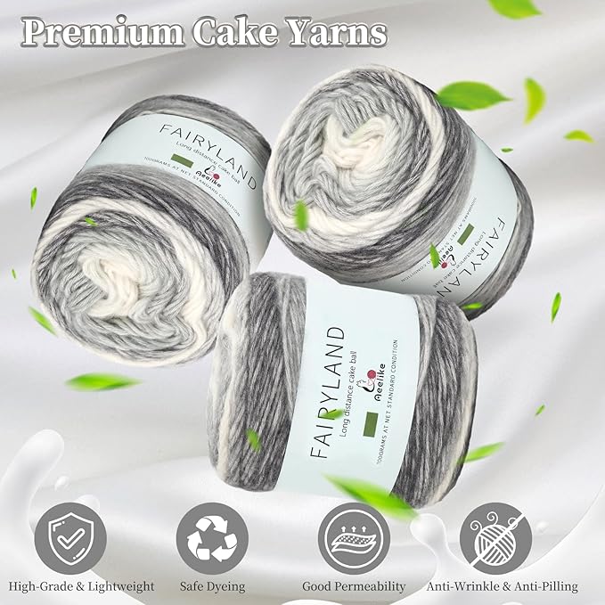 Aeelike Gradient Yarn for Crocheting, 3 Skeins Cake Yarns 100g (3.52 oz) 245m (267 Yards) # 3 Light Weight - Super Soft Ombré Fairyland Yarns for Making Colorful Crafts, Grey White Gradient