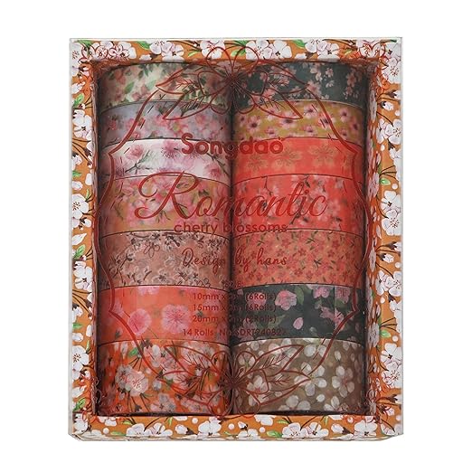 14 Rolls Sakura Washi Tape Set Flowers Arts Adhesive Tapes Cherry Blossom Decorative Masking Tape Sets for Craft, Kids, Scrapbook, DIY, Gift Wrapping (Amber Blooms)