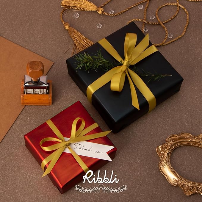 Ribbli Gold Satin Ribbon Double Faced Satin 1/2 inch x Continuous 50 Yards-Gold Ribbon for Gift Wrapping Crafts Wedding Decoration Bows Bouquet Floral Arrangement