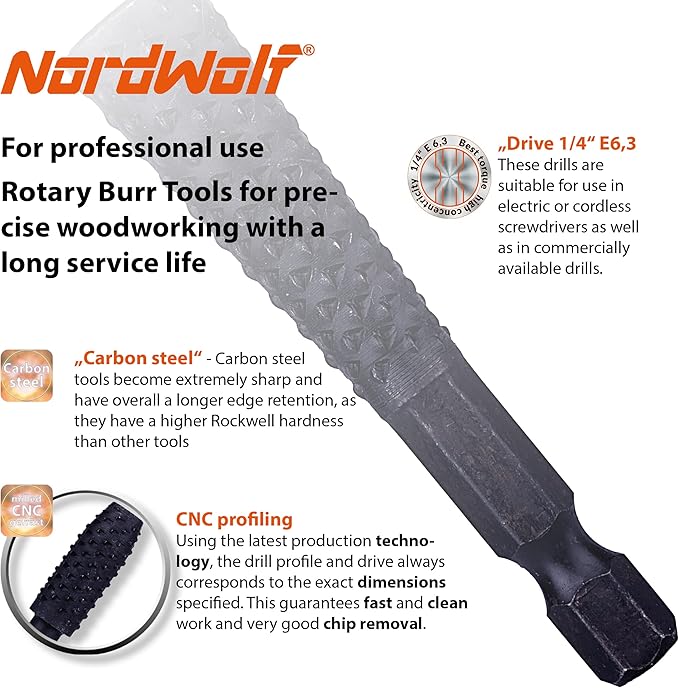 NordWolf 10-Piece Rotary Burr Wood Carving Rasp Files Set, with 1/4" Hex Shank for Wood & Rubber Deburring, Shaping and Grooving