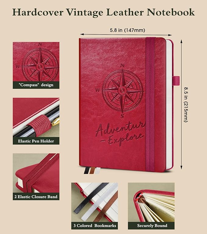Lined Journal Notebook for Women Men, 160 Pages, A5 Hardcover Vintage Leather Journaling Notebooks for Work, School, Note Taking, Travel, Bible Study,Daily Diary for Writing 5.8"x8.5"(Burgundy)