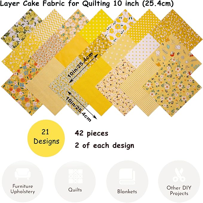 Hanjunzhao 42Pcs 10" Layer Cake Fabric - Layer Cakes 10 inch Squares for Quilting - Polka Dots Striped Star Solid Floral Print Cotton Fabric Squares 10x10 for Sewing, Quilts, and Crafts (Yellow)
