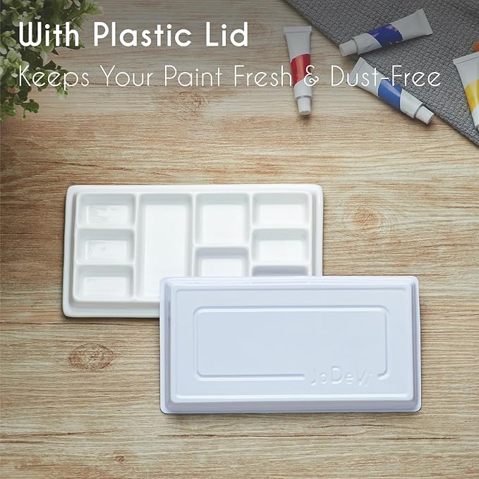 Ceramic Watercolor Palette with Lid, 9-Well Rectangular Paint Mixing Tray for Watercolor, Gouache, Acrylic & Oil Painting, White