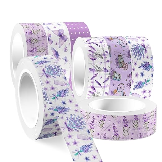 12 Rolls of Lavender Washi Tape, Purple Floral Decorative Tape, DIY Flower Butterfly Pattern Sticker for Journals, Planners, Scrapbooking, Packaging, Crafts, Party Supplies Favors