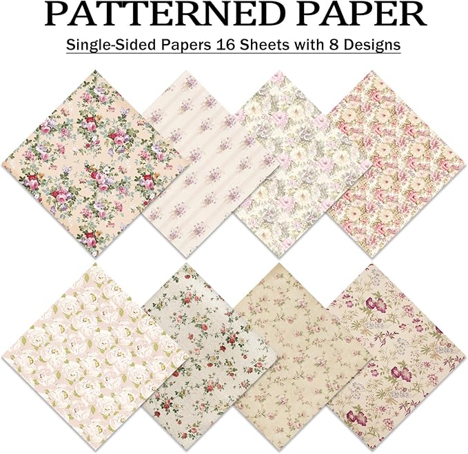 Scrapbook Paper,16 Sheets 5.8x5.8 Inch Vintage Floral Style Scrapbook Supplies,Single-Sided Vivid Origami Decoupage Paper for DIY Crafts, Card Making, Art Journaling