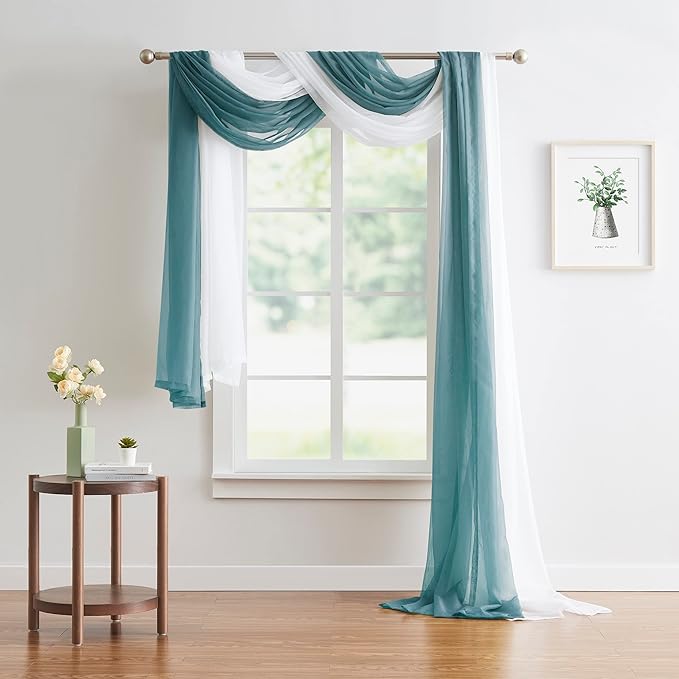 WARM HOME DESIGNS Wedding Arch Draping Fabric Bundle Has 2 144 Inch (12 Feet) Scarves in Dusty Blue & White Fabric for Wedding Decoration. AD White & D Blue 144”