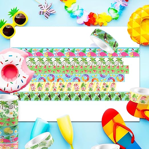 Adirasenotek Hawaiian Washi Tape 12 Rolls Flamingo Lemon Watermelon Aloha Masking Tape Hawaiian Theme Decorative Paper Stickers Tape Sticker,for DIY Crafts and Scrapbooking