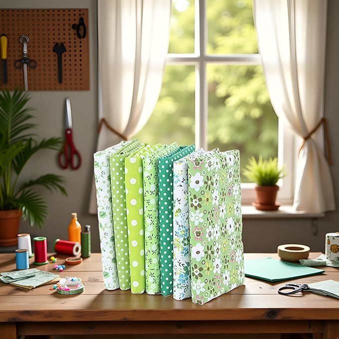7Pcs Top Green Cotton Craft Fabric Bundle Squares Patchwork DIY Sewing Scrapbooking Quilting Floral Dot Pattern Craft and Hobby Fabric 10" x 10" (25cm x 25cm)