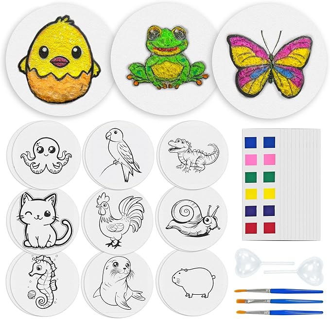Zariocy Magic Foam Texture Painting Kit - Including 24 Pcs Foam Texture Paper, 2 Dropper, 3 Brushes & 12 Color Cards, 3D Magic Puffy Paint Kit, DIY Crafts | Art for Craft Lovers (Animal)