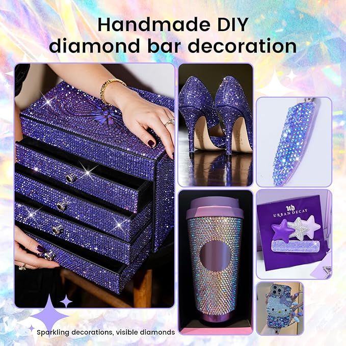 Novani Self Adhesive Rhinestone Ribbon, 1.18 Inch Wide 3 Yards 1 Roll, Deep Purple AB Crystal Diamond Bling Strips for DIY Crafts, Glitter Resin Rhinestones for Crafting, Car Decoration