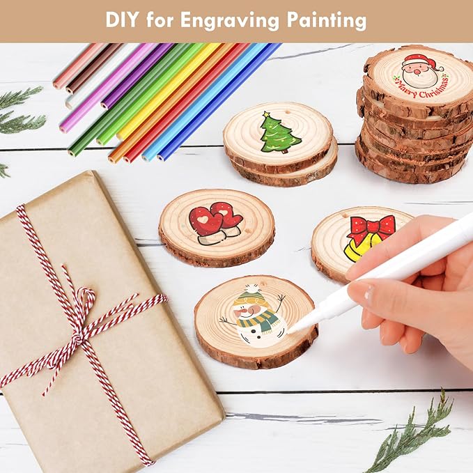 54Pcs Wood Slices, LOOFORE 2.4"-2.8" Unfinished Natural Wood Rounds with Pre-drilled Hole, for Burning Painting DIY Crafts Christmas Ornaments Party Wedding Decor