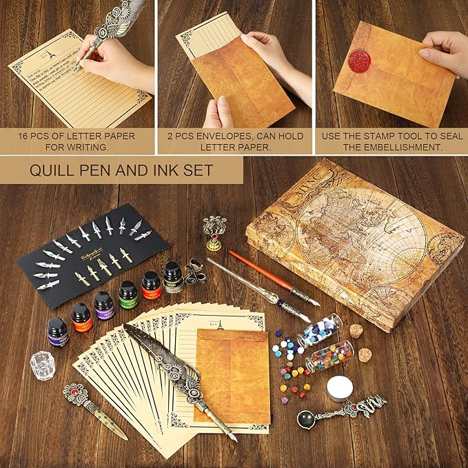 Quill Pen Ink Set, With Quill Pen, Wooden Dip Pen, Glass Dip Pen, 6 Bottles Ink, 16 Letter Paper, 2 Envelopes, 17 Nibs, Pen Holder,2 Bottles Fire Lacquer Wax, Stamp, Spoon, White Wax, Cup(Grey)