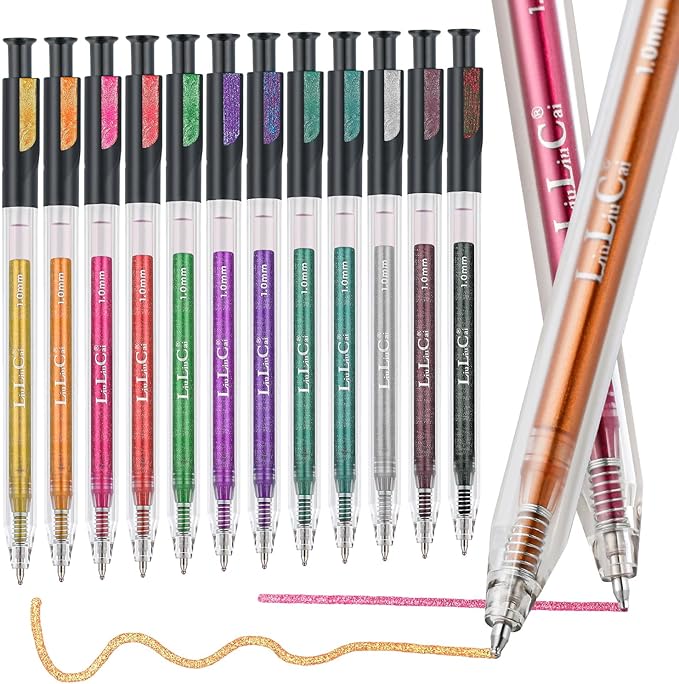 12 Colors Retractable Glitter Gel Pens, Large Capacity Metallic Sparkle Gel Ink Pens &1.0 mm Fine Tip, Colored Glitter Pens for Adult Coloring Book Drawing Note Taking Writing Doodling