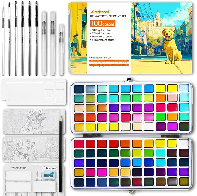 Watercolor Paint Set, 100 Colors, Travel Water Colors kit with 9 Brushes, 3 Swatch Cards, Palette set Including Metallic and Accessories Art Supplies Gifts for Beginners, Artists, Adults and Hobbyists