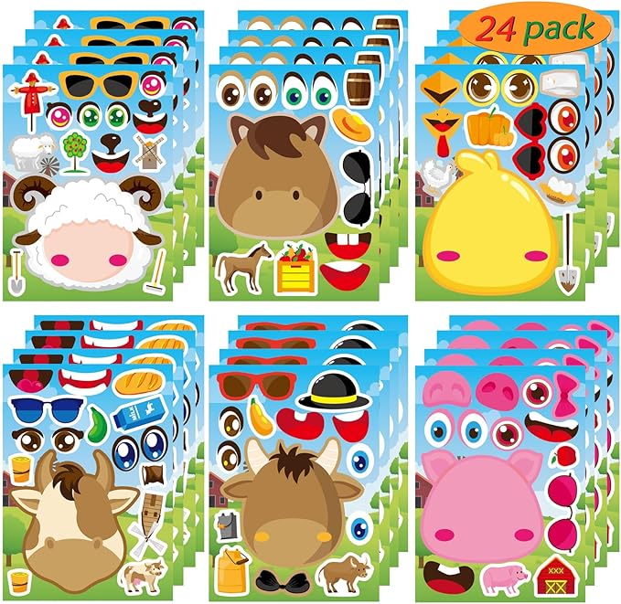 24 PCS Make-a-face Sticker Sheets Make Your Own Farm Animal Mix and Match Sticker Sheets with Sheep, Pigs, Cow and Chickens Kids Party Favor Supplies Craft