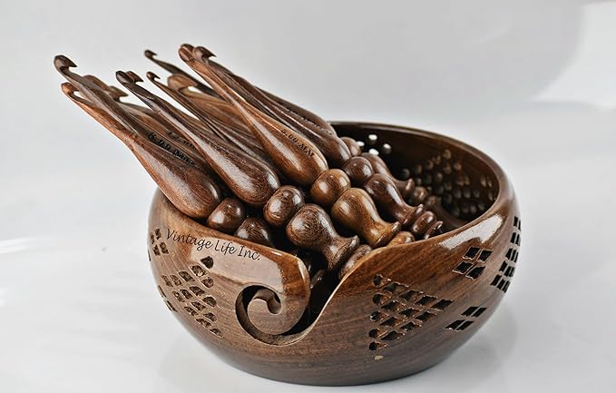 DnU Avenue Sheesham Wood Set of 13 Ergonomic Crochet Hooks 3.5 MM to 12 MM, Wooden Yarn Crochet Hooks for Arthritic Hands, Knitting & Crochet Storage, Soft Grip, Wood finish, Brown (Hooks with Bowl A)