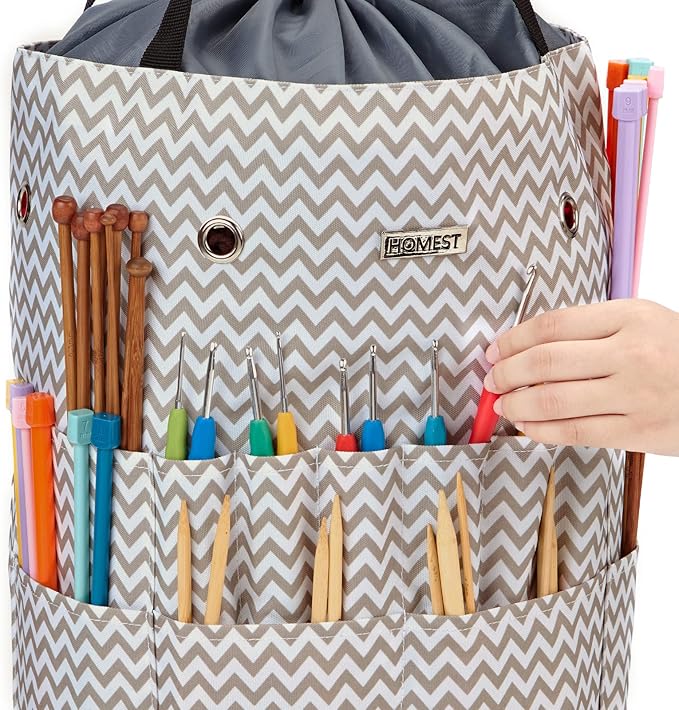 HOMEST Large Crochet Bag with Customized Front Compartment for Knitting Accessories, Yarn Storage with 6 Oversized Grommets, Tote Organizer with Drawstring Closure, Ripple