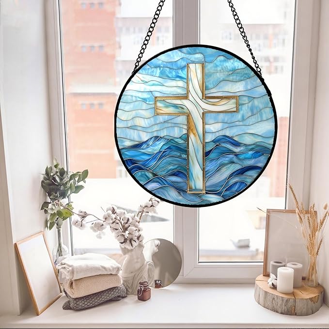 Christian Gifts for Women - Blue Cross Stained Glass Window Hanging Jesus Easter Ocean Waves Sun Catcher Garden Religion Decor Mother's Day Catholic Gift for Men Grandma Mom Her Nana 11.8"