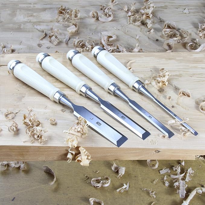 Woodworking 4 PC Wood Chisel Set Chrome-Vanadium Steel with Hornbeam Handles for Carpentry, Woodworking, Carving, Craftsman, 1/4 inch,1/2 inch,3/4 inch, 1 inch