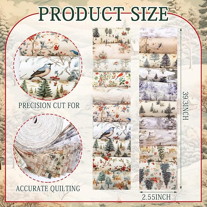 40 Pcs Woodland Christmas Quilting Fabric Roll 2.56 Inch Precut Fabric Squares Jelly Patchwork Santa Red Cardinal Strips Materials for Winter Xmas Holiday Craft Sewing Panels DIY