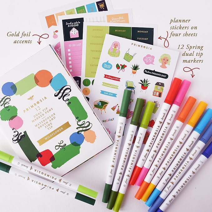 Primrosia 12 Dual Tip Watercolor Marker Pens - Fine Tip & Brush Tips, Professional Quality, 4 x Sticker Sheets, Blendable, Non-Toxic, Perfect for Calligraphy, Drawing & Coloring. (Wildflower)