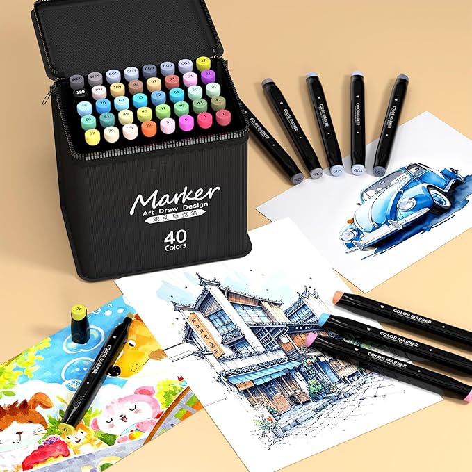 Alcohol Markers Set, 40 Colors Dual Tip Art Markers for Adult Coloring Books, Artists Drawing, Sketching, Card Making, Perfect for Painting Supplies, Halloween Christmas gift