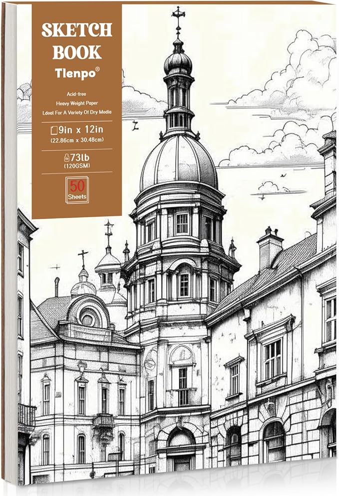 Tlenpo 9 x 12 Inch Glue Bound Sketchbook, 50 Sheets (73 lb/120gsm) Acid Free Artist Drawing Book Paper, Art Supplies for Adults Kids, Craft Activities, Sketch Paper for Drawing Coloring Sketching