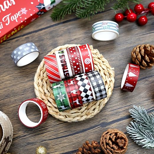 Christmas Washi Tape Set,12 Rolls Red Black Green Plaids Holiday Decorative Tape Xmas Tree Snowflake Elk Masking Tape for Journaling Supplies,Journal, Scrapbooking, Arts & Crafts,Gift Wrapping