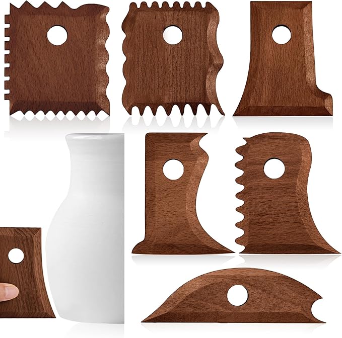 Amylove 7 Pcs Pottery Tools Pottery Foot Shaper Trimming Tools Profile Rib Bundle Foot Shaper for Ceramics for Carving Clay Molds Clay Texture Ribs Ceramics, Beech Wood (Reddish Brown)