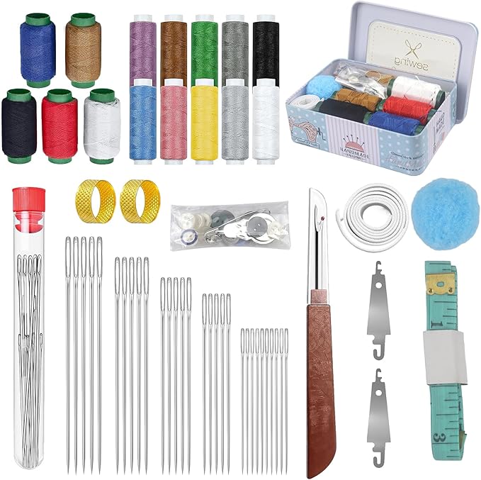 62Pcs Steel Needles for Hand Sewing, Big Eye Steel Sewing Needles Kit with Case, Portable DIY Craft Kits for Adults, Beginner, Emergency,Home,Travel (Blue)