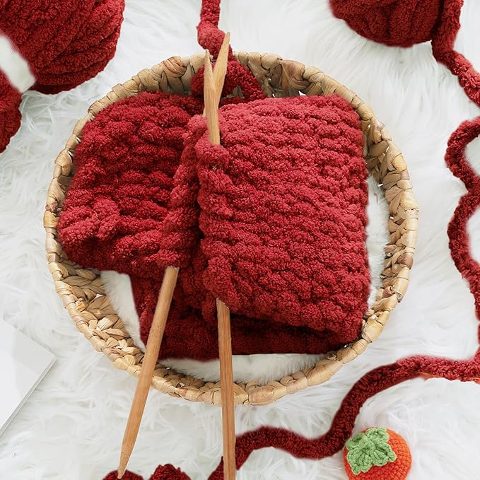 HOMBYS Red Chunky Chenille Yarn for Hand Knitting,Fluffy Soft Jumbo Yarn Crocheting,Super Bulky Big Yarn for Chunky Blanket,Large Thick Arm Knitting Yarn,8 Pack Plush Yarn