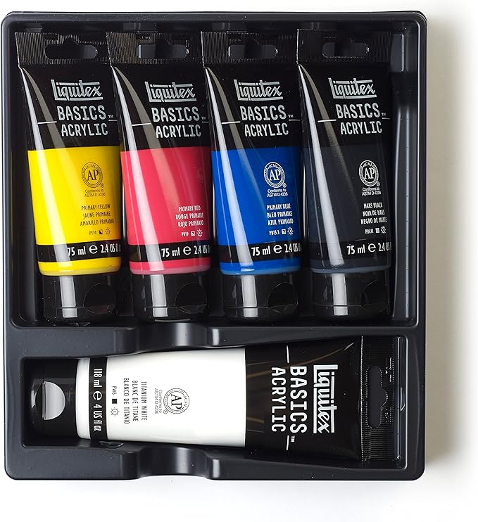 Liquitex BASICS Acrylic Paint Set, 4 x 75ml (2.4-oz), 1 x 118ml (4-oz) Essentials Paint Set