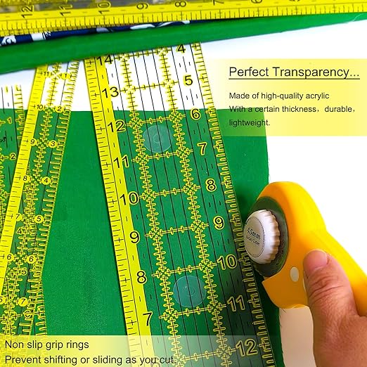 Acrylic Ruler 7 Piece Set, Non Slip Rings 50 Pieces, Quilting Rulers, Size (6"x24"), (2"x24"), (3"x18"), (3"x8"), (1.5"x12"), (1"x12"), (1"x6")