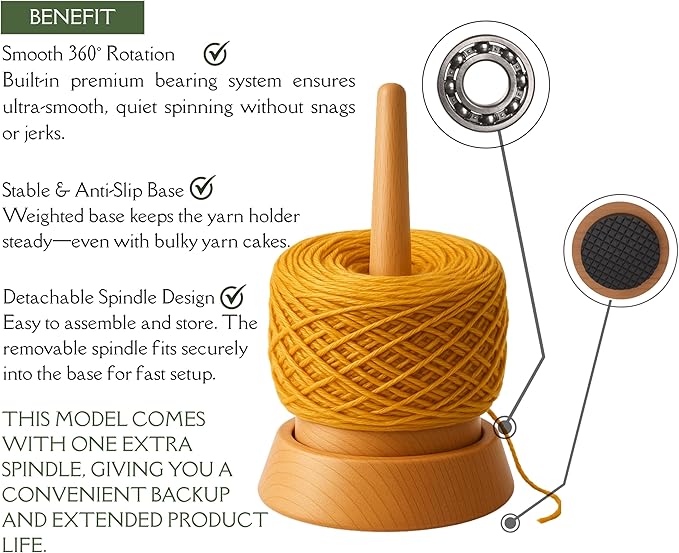 Kraftica Beech Wood Yarn Holder, Tangle-Free Yarn Spinner for Knitting & Crochet with Smooth-Rotation Bearing, Heavy Base, Two Spindles & Anti-Slip Rubber Feet, 22 lb Capacity for Chunky Yarn.