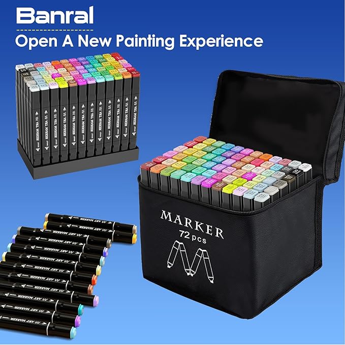 Banral Alcohol Markers Set, 72 Colors Dual Tip Alcohol Based Art Marker for Artists, Permanent Drawing Markers for Adult Coloring Sketching Illustration with Case and Holders