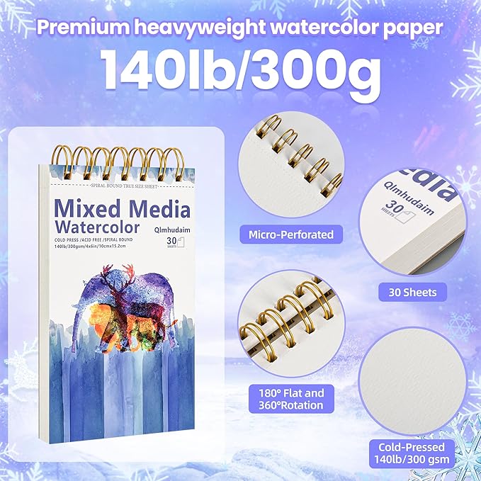 Qlmhudam Watercolor Paper Pad 4" x6”(30 Sheets, 140lb/300g), Spiral - Bound with Tear - Line. A Small Watercolor pad and Artist-Grade Watercolor Book for Adults & Kids -Compact Travel Sketchbook