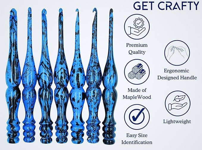 Wooden Crochet Hooks for Arthritic Hands - Set of 7 | 4mm to 10mm - Ergonomic Soft Grip Handle Engraved with Sizes - Crochet Hooks Set for Crocheting Yarn - Beautiful Gift for Her (Set of 7, Blue)