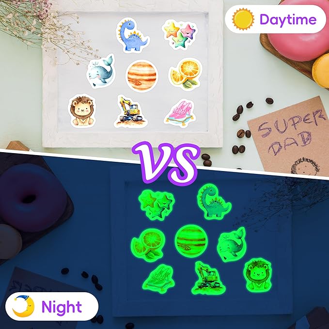 100 Pcs Glow in The Dark Cartoon Water Bottle Stickers for Kids, Cute Waterproof Vinyl Laptop Decals, Kawaii Animals Plants Natural Elements Decorative Sticker Packs