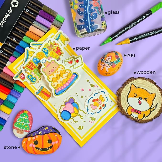 Artecho Acrylic Paint Markers 120 Colors, Acrylic Paint Pens with Brush Tip and Fine Tip for Stone, Rock Painting, Paper, Pumpkin, Wood, Egg, Canvas, Ceramic, Fabric, leather, Glass, DIY Crafts