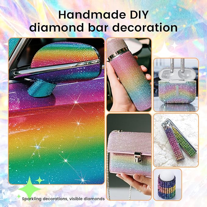 Novani Self Adhesive Rhinestone Ribbon, 1.14 Inch Wide 3 Yards 1 Roll, Rainbow Crystal Diamond Bling Strips for DIY Crafts, Home Decor, Glitter Glass Rhinestones for Crafting, Car Decoration