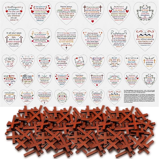Pocket Prayer Quilt Panel Squares with Small Wooden Crosses Mini Scripture Pocket Prayer Quilt for Friend Family Religious Spiritual Gift Easter Reward Gift(Heart1,Brown)