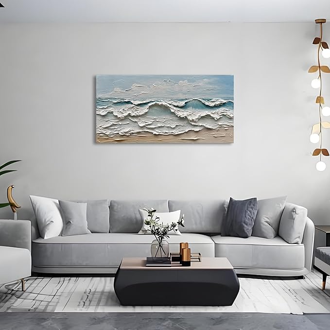 Art Hand-Painted Sea Wave Beach Landscape Oil Painting Modern Abstract Canvas Art Home Office Wall Decoration 24x48 inches