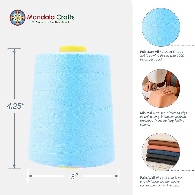 Mandala Crafts 4 Pack of Serger Threads Cones Spools - 20S/2 24000 Yards Polyester Pale Blue Threads for Sergers Machine and Overlock Quilting Sewing Machine