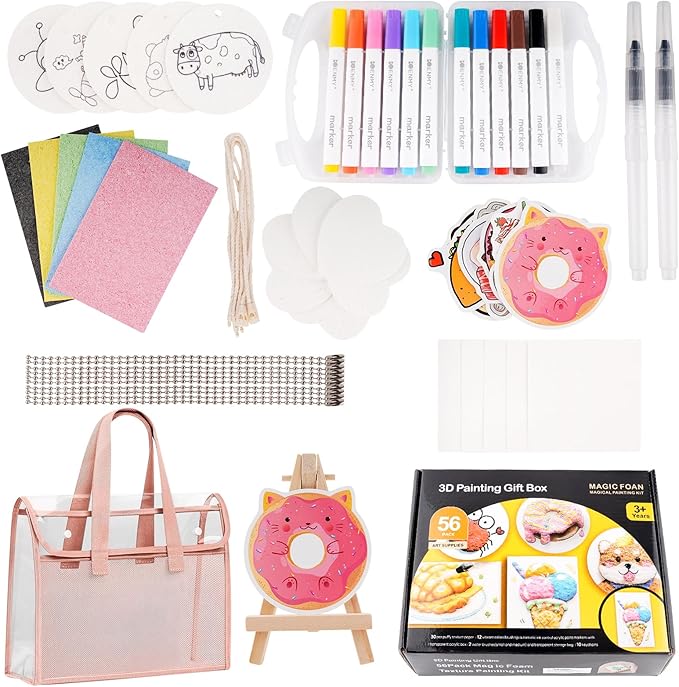 Edaick 56 Pcs Magic Foam Texture Painting Kit Puffy Paint Paper 3D Drawing Sponge Canvas DIY Art and Craft Supplies Foam Texture Paper with Colors Marker Water Brushes for 3D Craft Drawing