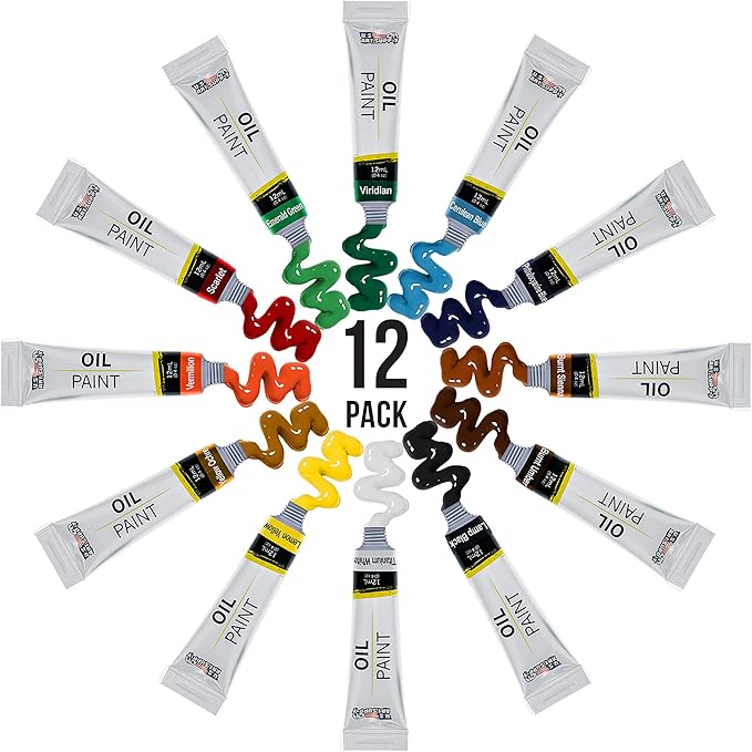 U.S. Art Supply Professional Oil Paint Set - 12 Vibrant Colors in 12ml Tubes for Canvas, Wood & Art Surfaces - Oil Based Paint for Artists, Adults & Students