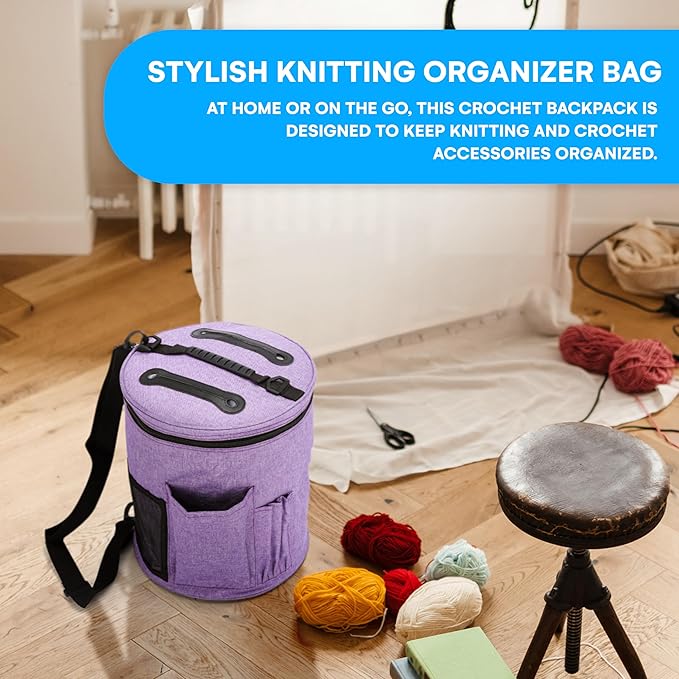 Bins & Things Knitting Bag – Large Crochet Yarn Storage Organizer with 2 External Pockets – Durable Natural Fabric Tote for Knitting Needles, Hooks, Accessories – Purple Craft Bag