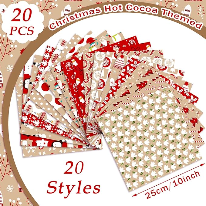 HunnmingRe 20 Pcs 10''x10'' Christmas Quilting Fabric Square Hot Cocoa Santa Candy Cane Snowman Quiltted Fabric Bundle Red Precuts Printed Patchwork Supplies for Holiday DIY Sewing Craft