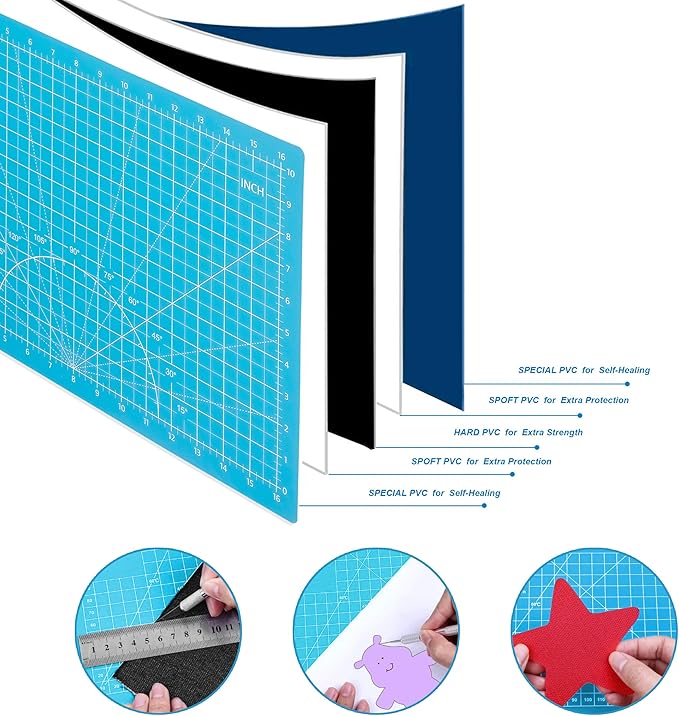 TCAIRG Self Healing Cutting Mat 18"x12" Non-Slip PVC Double Sided 5-Ply A3 Art Craft Rotating Mat,Sewing Crafts Hobby Fabric Precision Scrapbooking Project(Blue/Light blue)