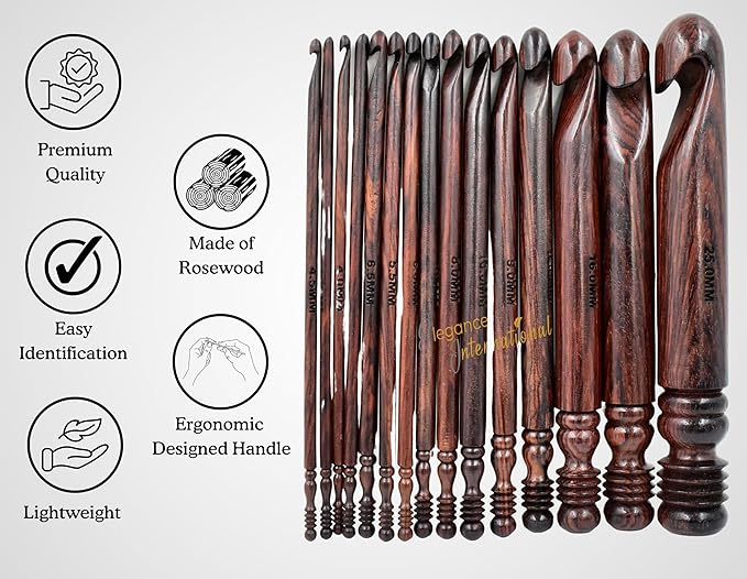 Rosewood Crochet Hooks Set - 15-25mm, Ergonomic Soft Grip - Ideal for Arthritic Hands & Yarn/Knitting - Christmas Gifts