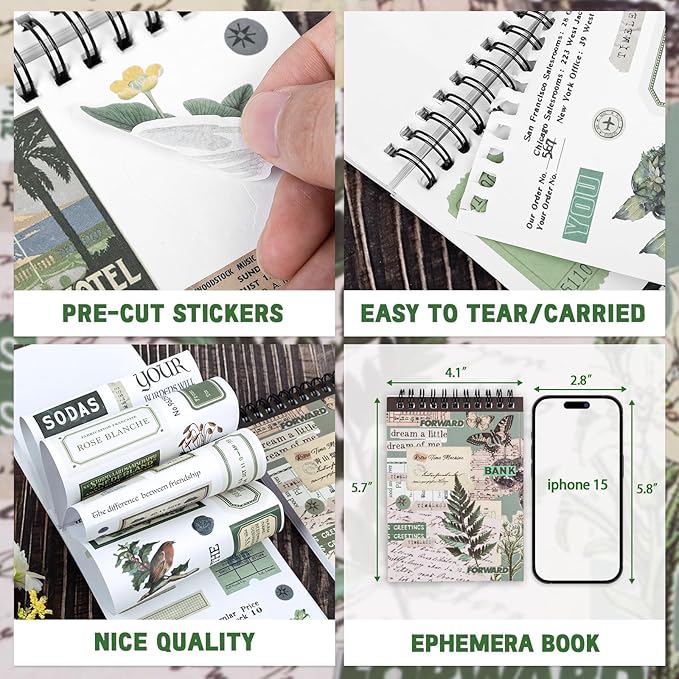 RISYPISY Pre-Cut Vintage Washi Journaling Sticker Book for Scrapbooking, 476PCS Green Scrapbooking Supplies, Ephemera for Junk Journal Supplies Crafts Arts, Dark Academia Stickers for journaling